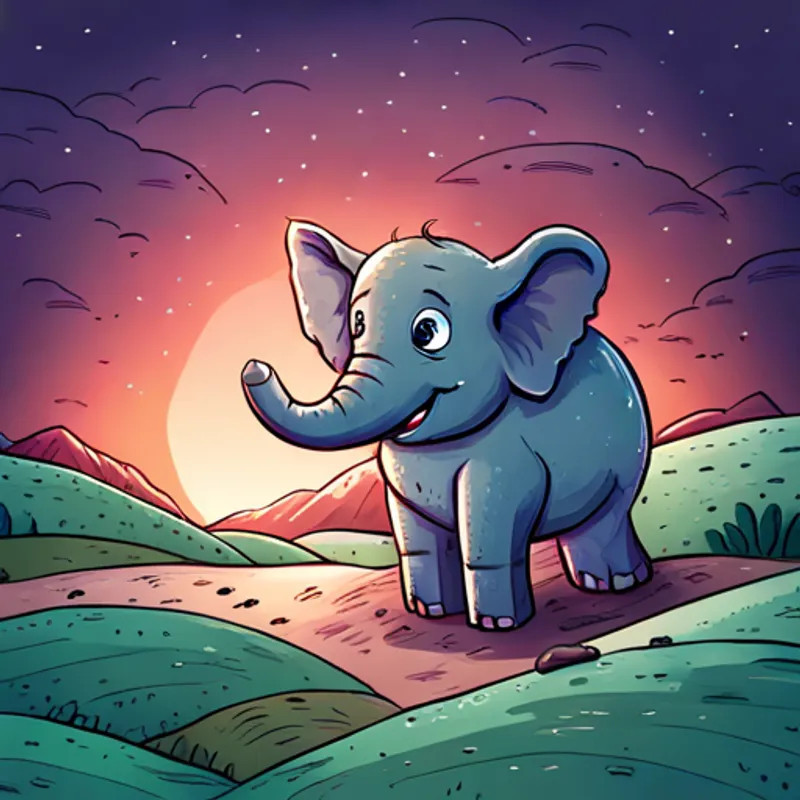 Cute baby elephant with gray skin and big curious eyes standing on a hill and waving at a group of happy animals
