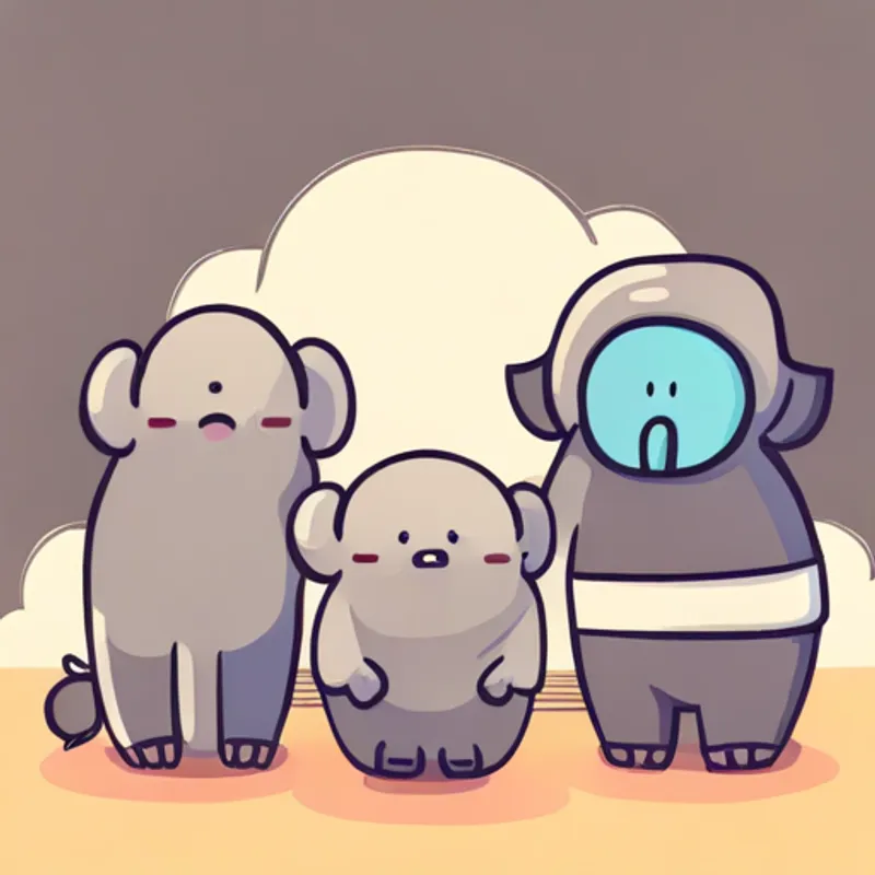 Cute baby elephant with gray skin and big curious eyes and his parents looking up at the Furry brown monkey with a sad expression with empathy