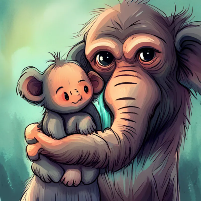Cute baby elephant with gray skin and big curious eyes and the Furry brown monkey with a sad expression hugging each other, with tears of joy