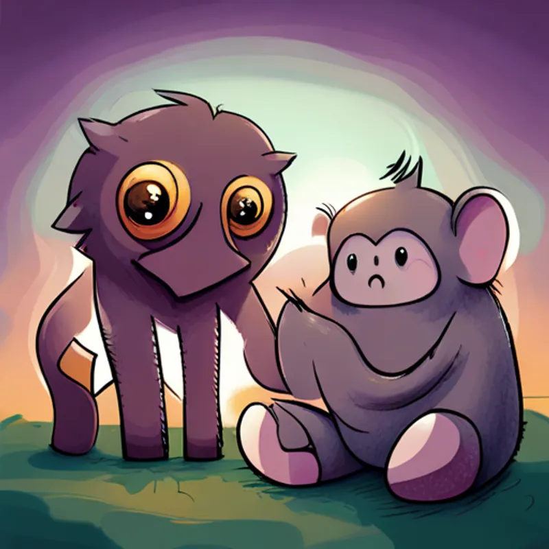 Cute baby elephant with gray skin and big curious eyes and the Furry brown monkey with a sad expression holding hands and searching for the monkey's family