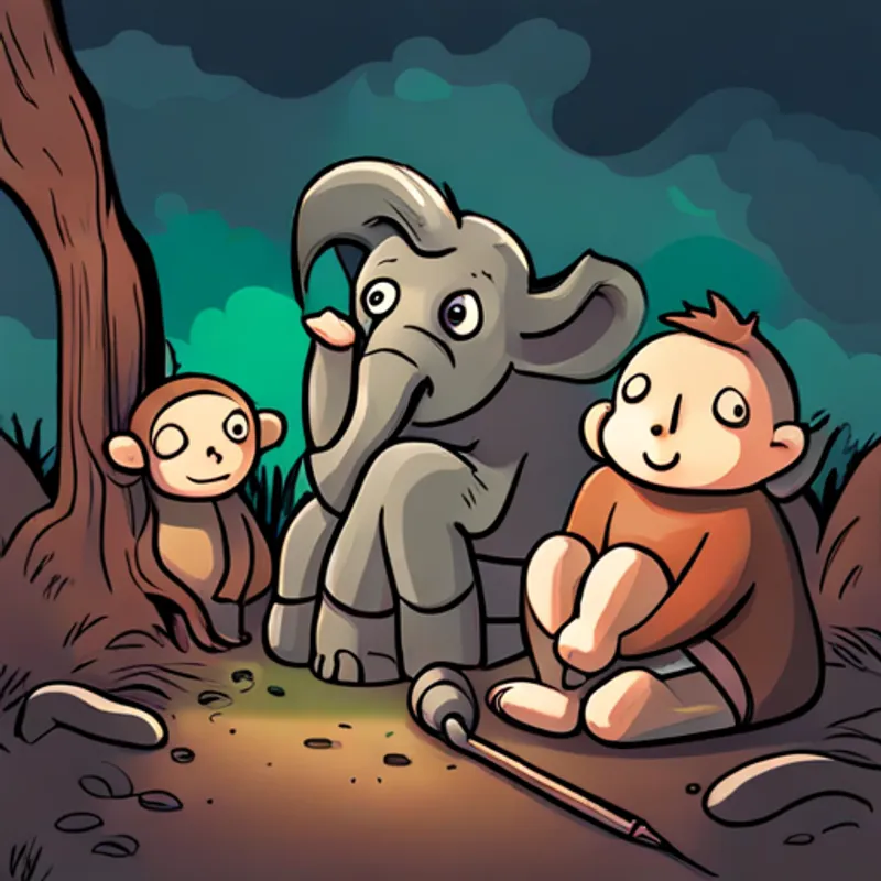Cute baby elephant with gray skin and big curious eyes, his parents, and the Furry brown monkey with a sad expression working together to find the monkey's family