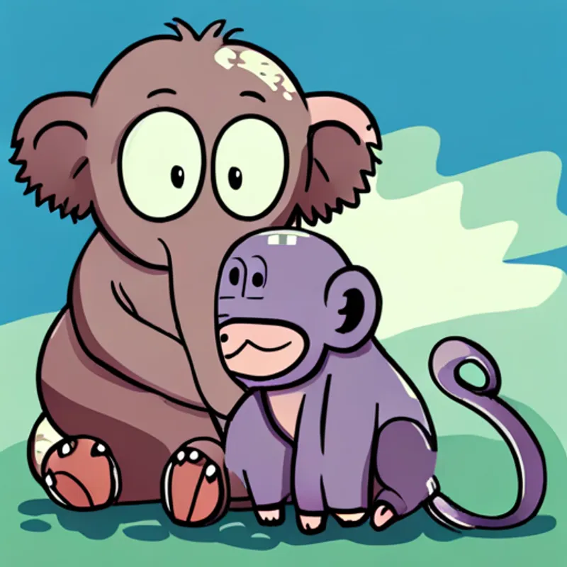 Cute baby elephant with gray skin and big curious eyes and the Furry brown monkey with a sad expression happily reuniting with the monkey's family