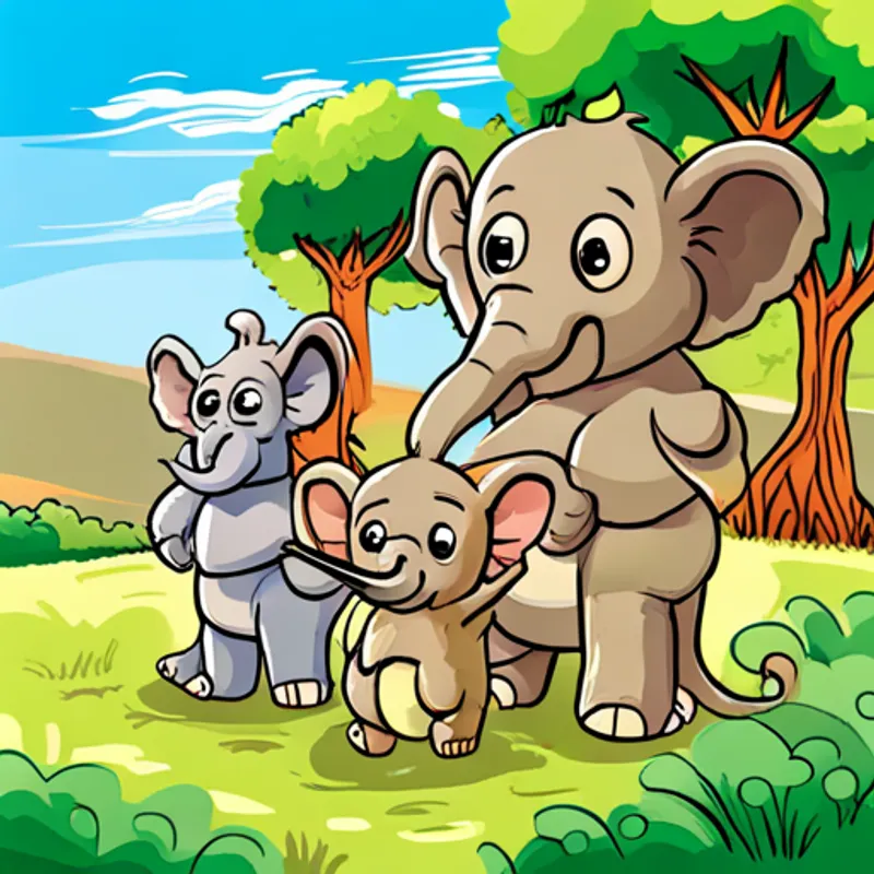 Cute baby elephant with gray skin and big curious eyes, the Furry brown monkey with a sad expression, and Fili's parents playing in a meadow, smiling and laughing