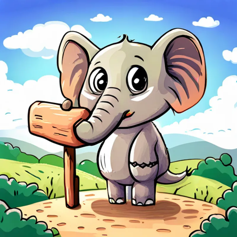 Cute baby elephant with gray skin and big curious eyes standing beside a sign that says 'Friends make the world brighter'