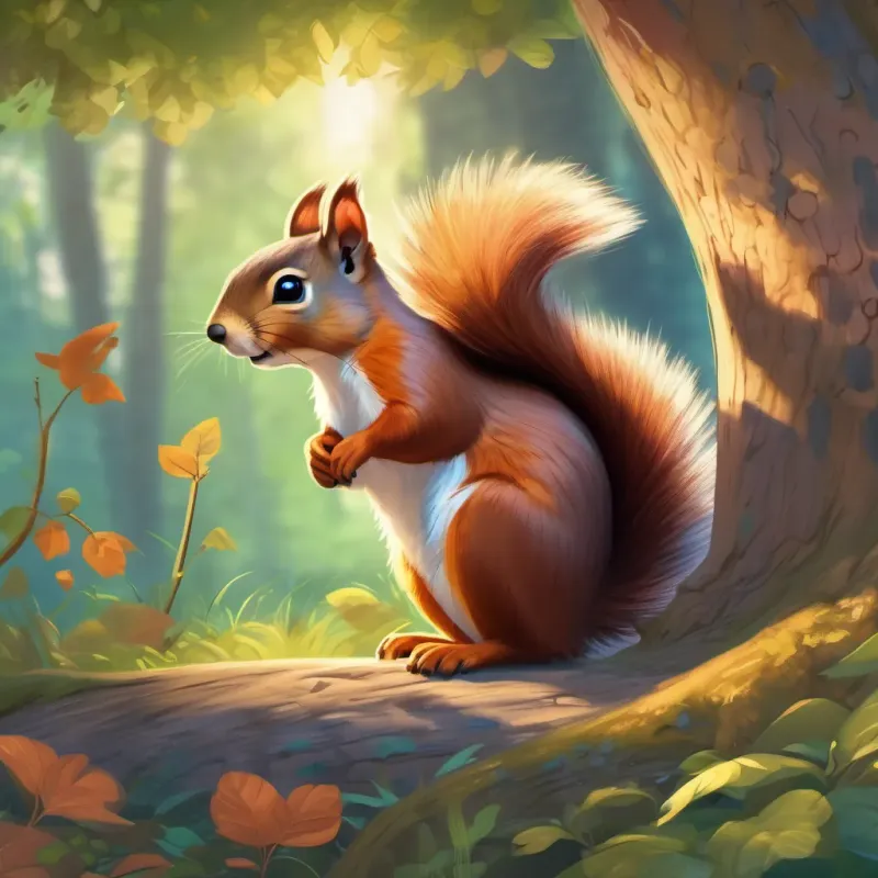 A cheerful squirrel with a bushy tail and bright eyes, sitting under a large tree in a whimsical forest.