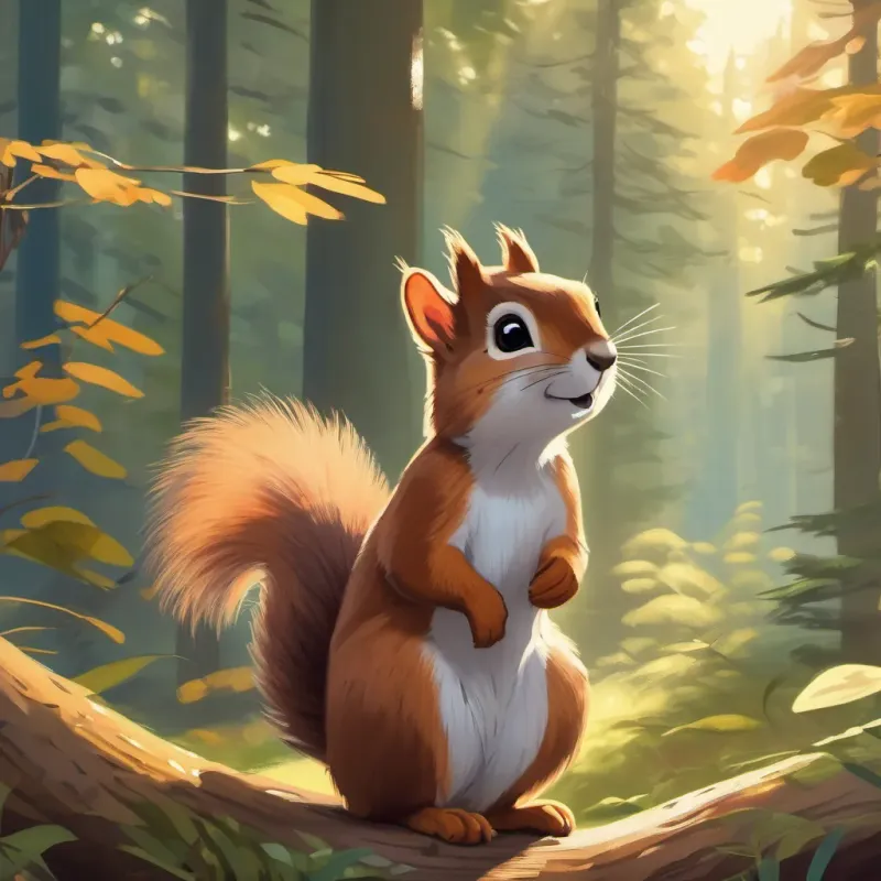 The same squirrel looking thoughtful while standing under the bright sun in a forest clearing.