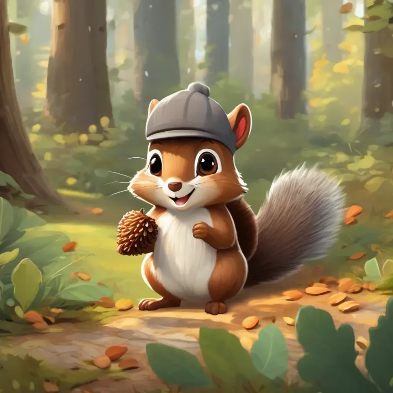 a cheerful squirrel with a bushy tail and bright eyes, wearing a small acorn hat and the a tiny, round hedgehog with soft brown spines and a friendly expression playing together and enjoying acorns in the forest.