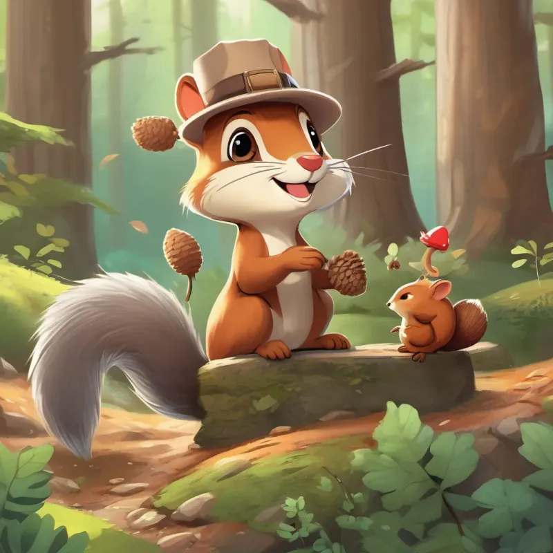 a cheerful squirrel with a bushy tail and bright eyes, wearing a small acorn hat looking joyful with her new a tiny, round hedgehog with soft brown spines and a friendly expression friend beside her, as they enjoy the beautiful forest scenery.