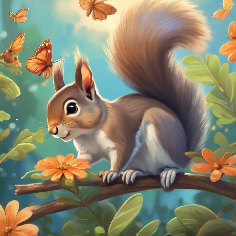 A small squirrel observing a butterfly with glimmering wings flitting nearby.