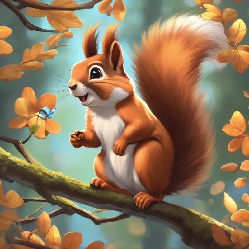 a cheerful squirrel with a bushy tail and bright eyes, wearing a small acorn hat the squirrel calling out to a butterfly as it flies away.