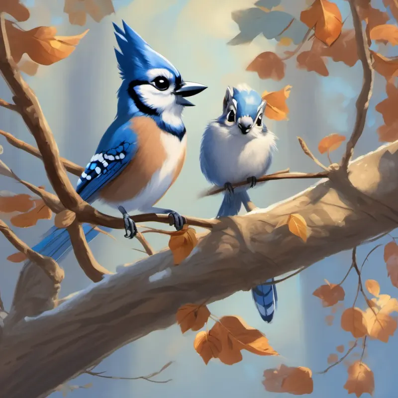 A blue jay perched on a tree branch while a cheerful squirrel with a bushy tail and bright eyes, wearing a small acorn hat looks up and waves.