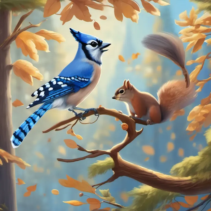 The blue jay flying off from the tree while a cheerful squirrel with a bushy tail and bright eyes, wearing a small acorn hat looks a little sad.