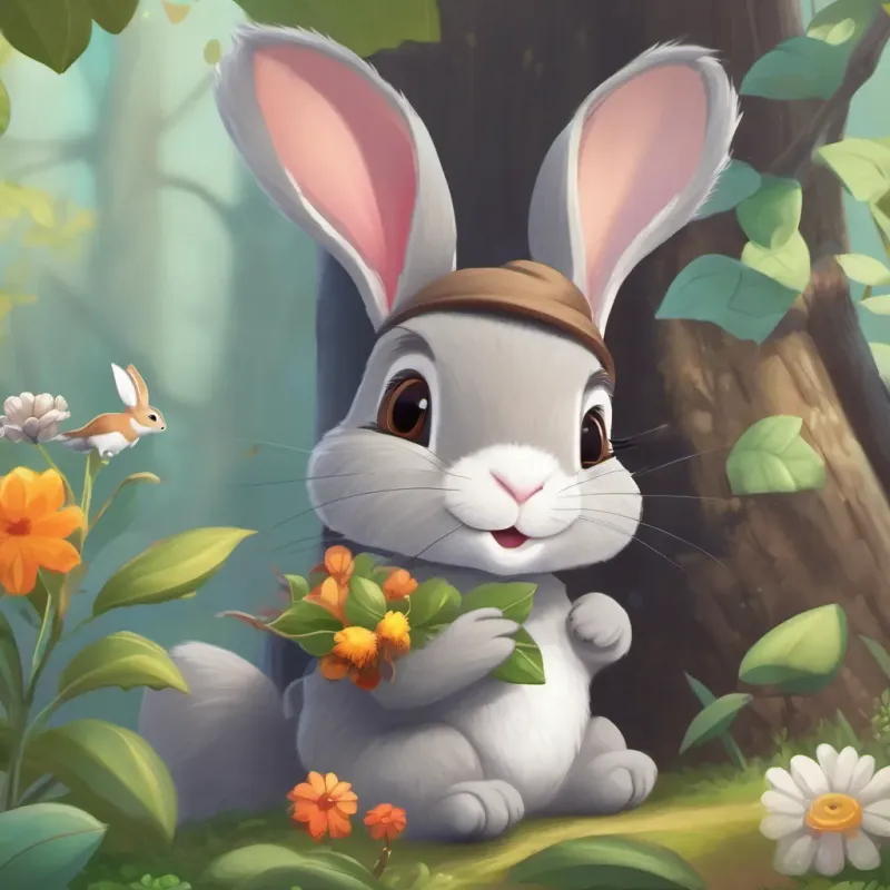 A gray a cute gray rabbit with big ears and a curious nose, holding a flower eating flowers while a cheerful squirrel with a bushy tail and bright eyes, wearing a small acorn hat watches from behind a tree.