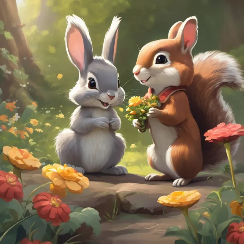 a cheerful squirrel with a bushy tail and bright eyes, wearing a small acorn hat talking to the a cute gray rabbit with big ears and a curious nose, holding a flower which is still nibbling on the flowers, smiling but staying put.