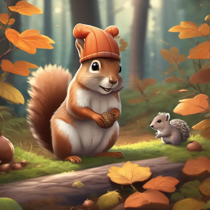 a cheerful squirrel with a bushy tail and bright eyes, wearing a small acorn hat watching a small a tiny, round hedgehog with soft brown spines and a friendly expression rolling across the forest floor.