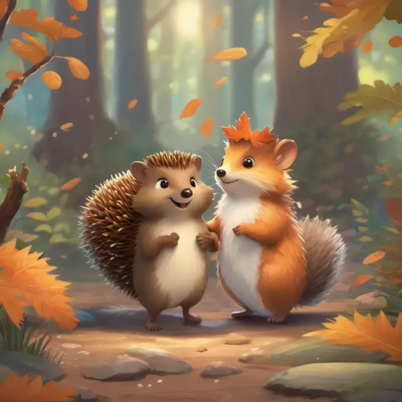 The a tiny, round hedgehog with soft brown spines and a friendly expression and a cheerful squirrel with a bushy tail and bright eyes, wearing a small acorn hat finally meeting face to face, both looking happy.