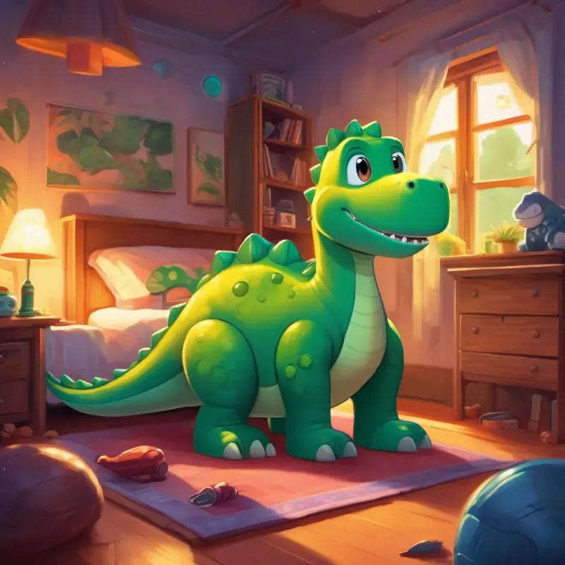 Green dinosaur with big friendly eyes, always wearing a big grin's room at night, with him in bed looking at the stars, a rocket ship toy on the floor