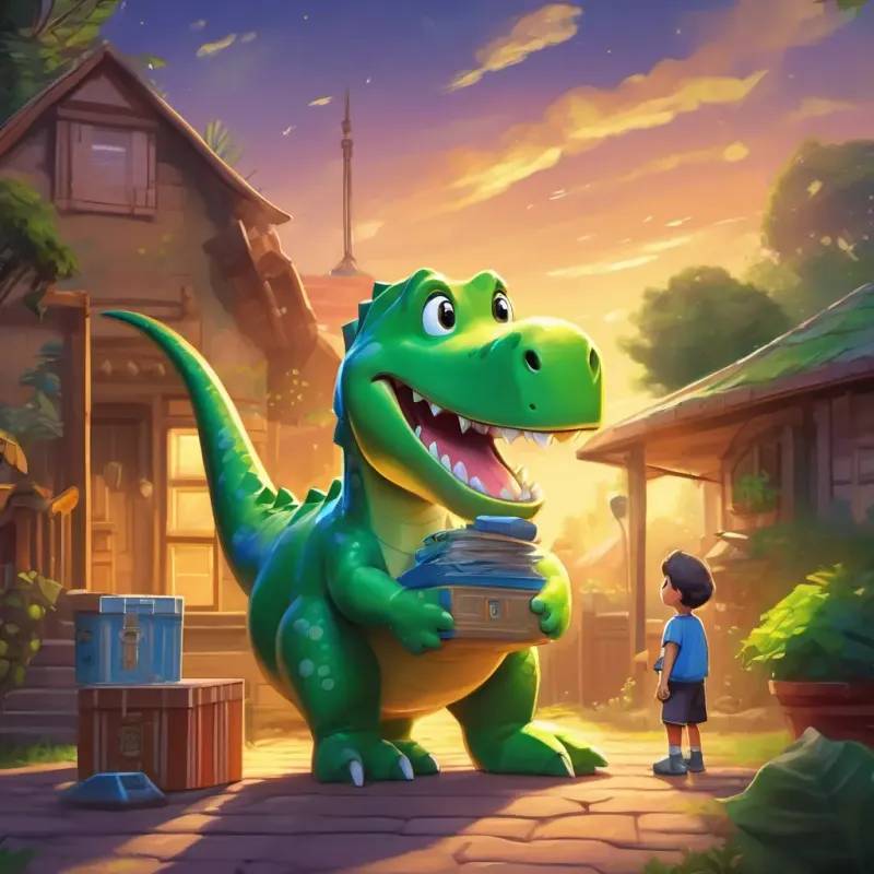 Green dinosaur with big friendly eyes, always wearing a big grin in his backyard, building a spaceship from old boxes and tin foil, with his dog watching