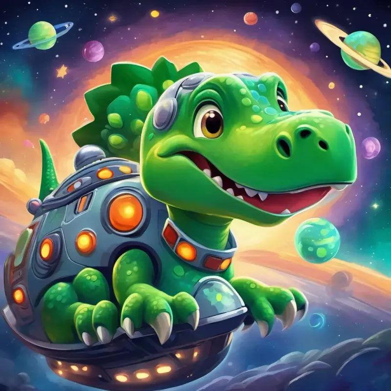 Green dinosaur with big friendly eyes, always wearing a big grin in his spaceship, pressing buttons and pulling levers, with stars and planets zipping by outside