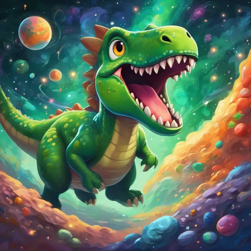 Green dinosaur with big friendly eyes, always wearing a big grin flying through space, dodging comets and asteroids, with colorful swirls and patterns all around