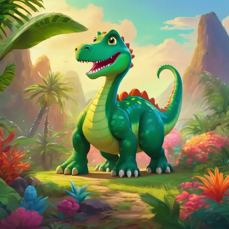 Green dinosaur with big friendly eyes, always wearing a big grin landing on a colorful planet, with strange plants and animals in the background