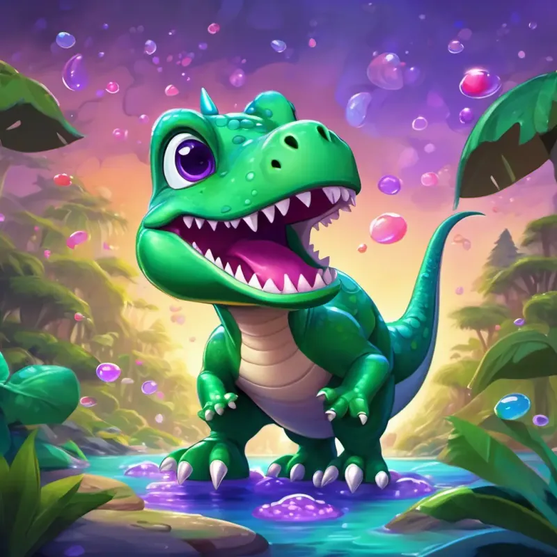 Green dinosaur with big friendly eyes, always wearing a big grin and the alien hopping around, with purple puddles and jumping jellybeans all around