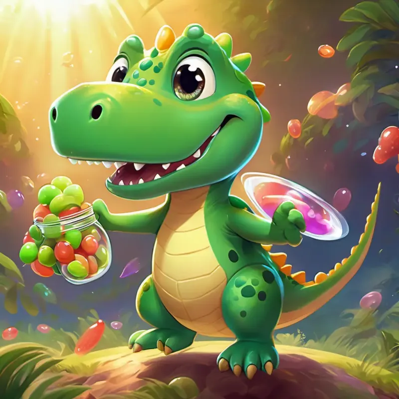 Green dinosaur with big friendly eyes, always wearing a big grin flying back to Earth, waving at the alien and holding a jar of jumping jellybeans