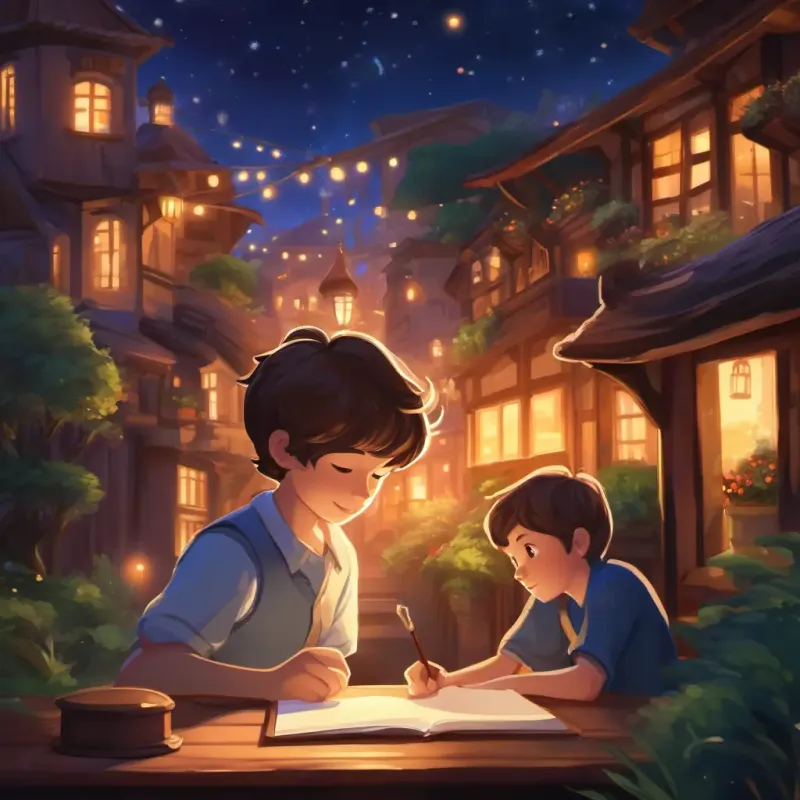 Introduction to Young boy, brown hair, adventurous, dreamer's space dream, nighttime setting