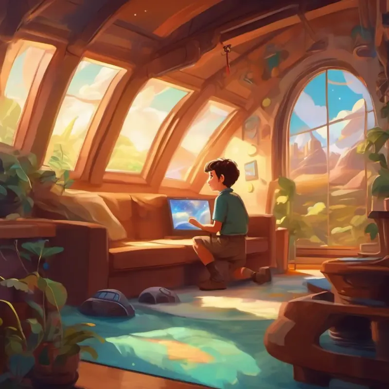 Young boy, brown hair, adventurous, dreamer discovers a spaceship, exciting twist at his home
