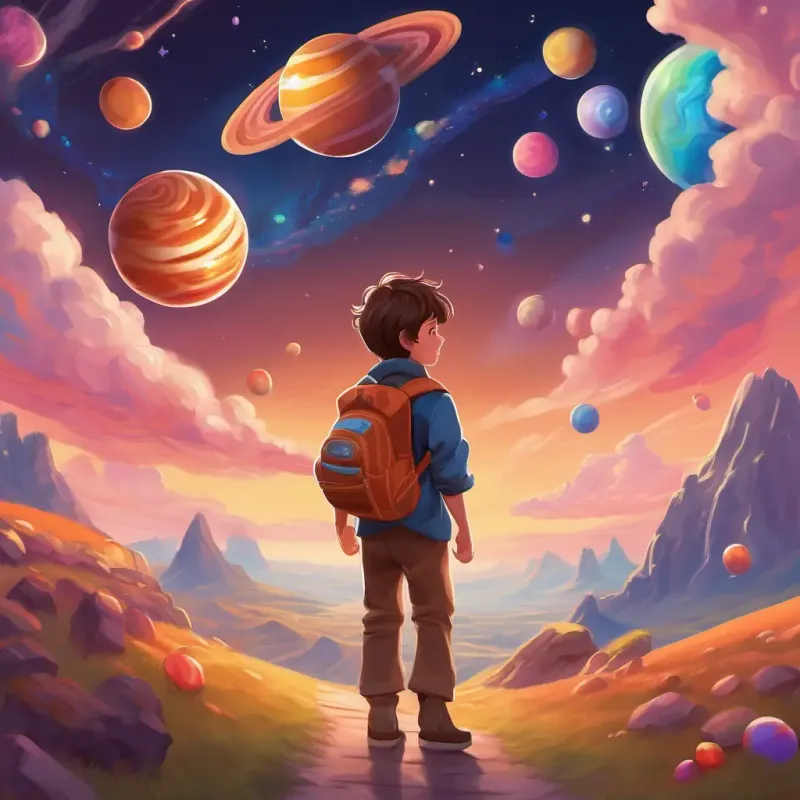 Young boy, brown hair, adventurous, dreamer's farewell to candy planets, heading home