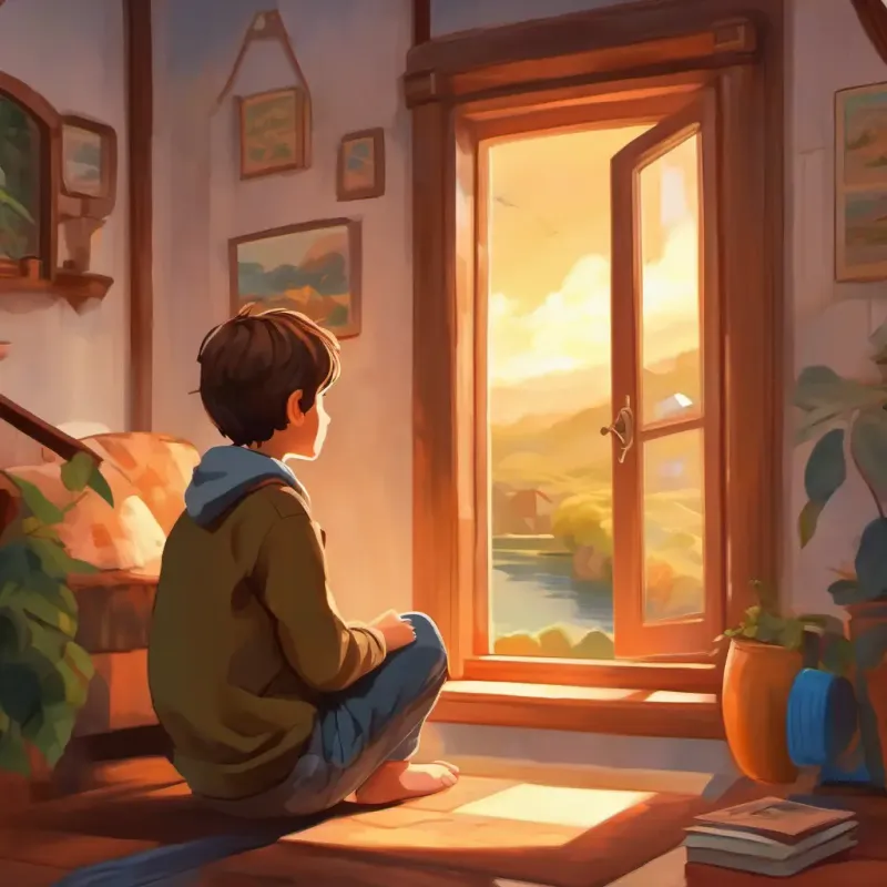 Young boy, brown hair, adventurous, dreamer's return home, reflecting on his experience