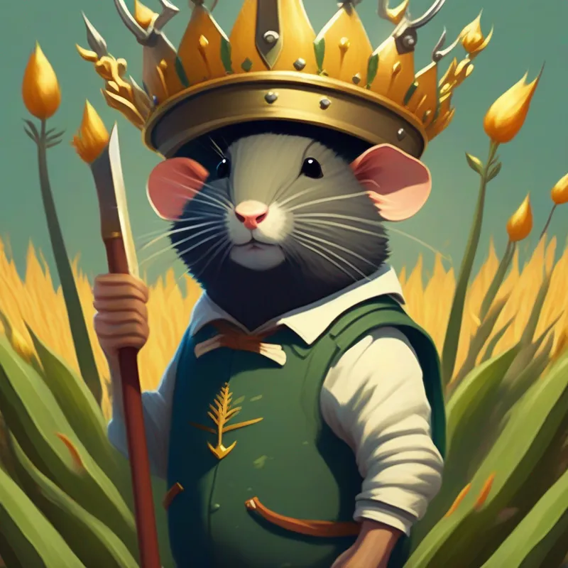 A fearless farmer with a pitchfork, radiating determination and resilience.'s brilliant plan confuses Cunning and sly, King Rat Winslow wears a crown of arrogance.'s army.