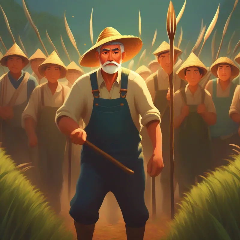A fearless farmer with a pitchfork, radiating determination and resilience., alongside his villagers, showing incredible courage and strength.