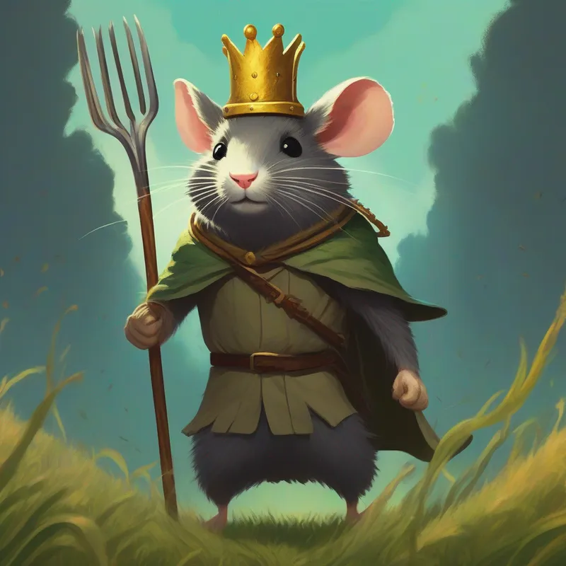 A fearless farmer with a pitchfork, radiating determination and resilience.'s final assault drives away Cunning and sly, King Rat Winslow wears a crown of arrogance.'s army.