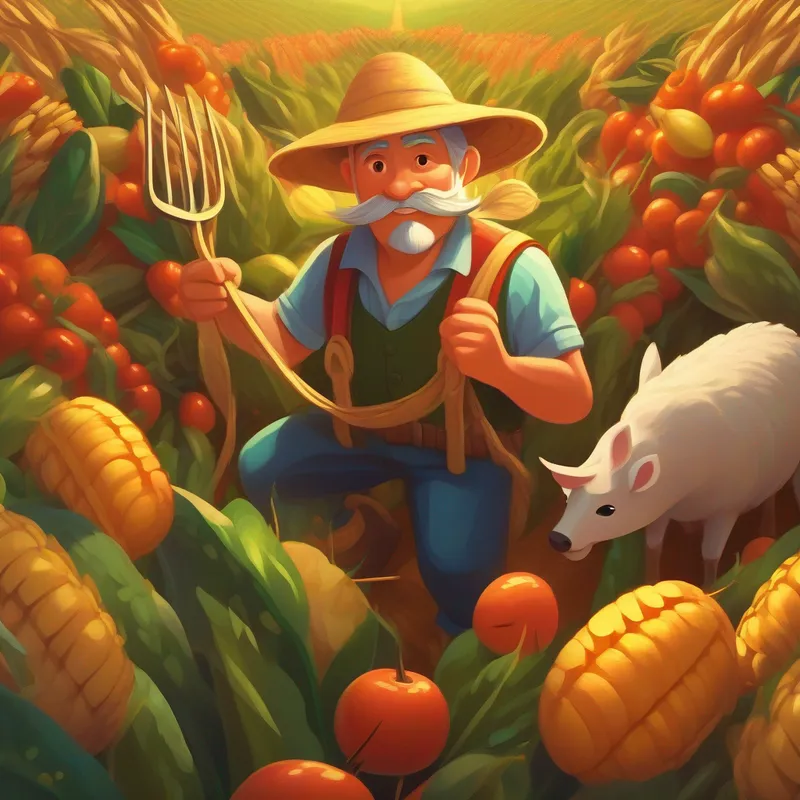 A grand feast to honor A fearless farmer with a pitchfork, radiating determination and resilience., the brave farmer.