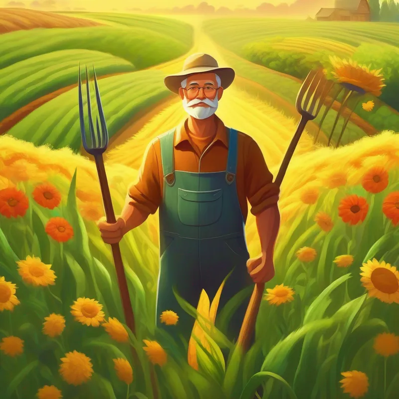 Farmer A fearless farmer with a pitchfork, radiating determination and resilience.'s land thrives, bringing peace to the village.