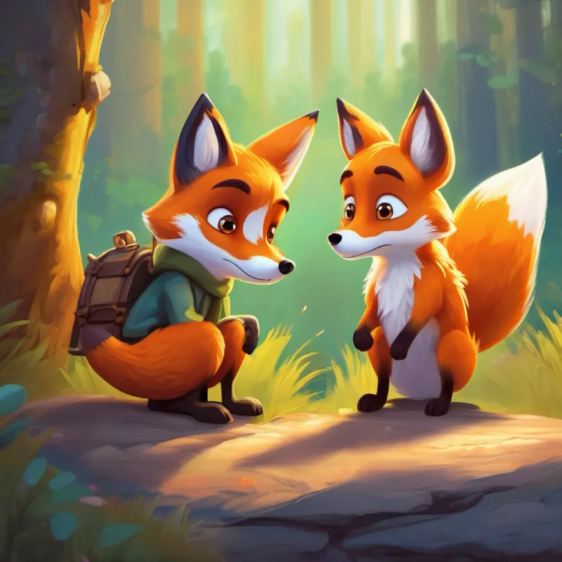 Brave little fox with orange fur and big curious eyes meets a new friend who talks about treasure.