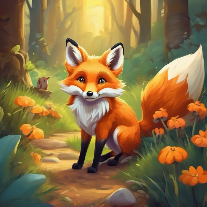 Brave little fox with orange fur and big curious eyes and friends sharing their treasure.