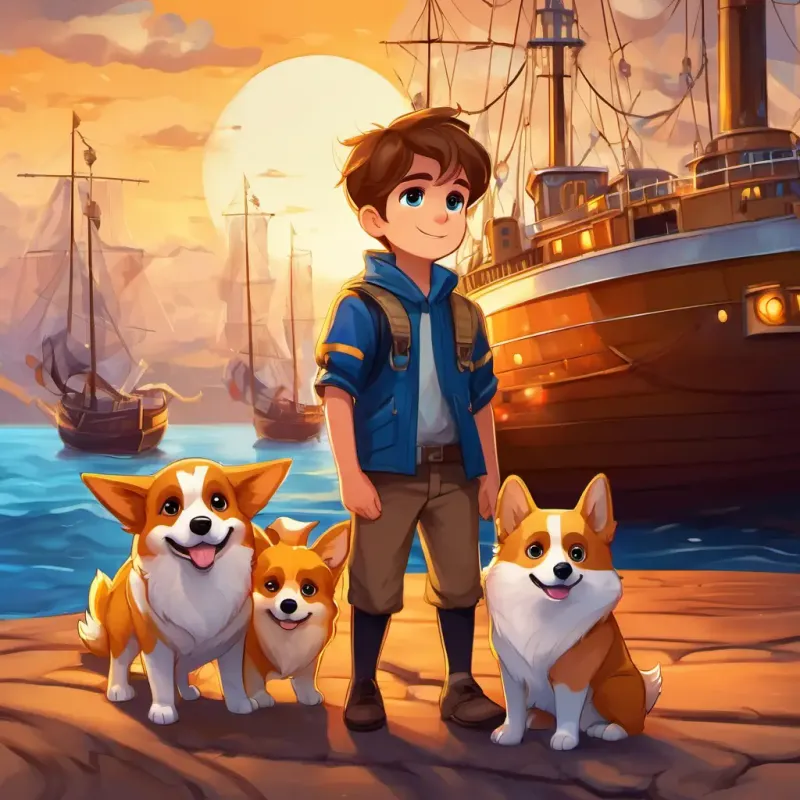 A young boy named A young boy with brown hair and big blue eyes with brown hair and big blue eyes stands next to his loyal friend A cute Corgi with golden fur and sparkling brown eyes, a cute Corgi with golden fur and sparkling brown eyes. They stand on a big ship with colorful flags, ready to sail away.