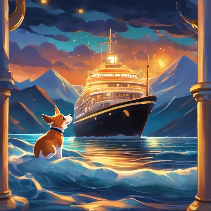 A young boy with brown hair and big blue eyes and A cute Corgi with golden fur and sparkling brown eyes stand on the ship's deck, looking out at the vast sea. The ship sails past towering snow-capped mountains, with a cool breeze blowing through their hair. In the distance, colorful cityscapes and sparkling city lights dazzle their eyes. A group of playful dolphins gracefully swim alongside the ship, leaping out of the water.