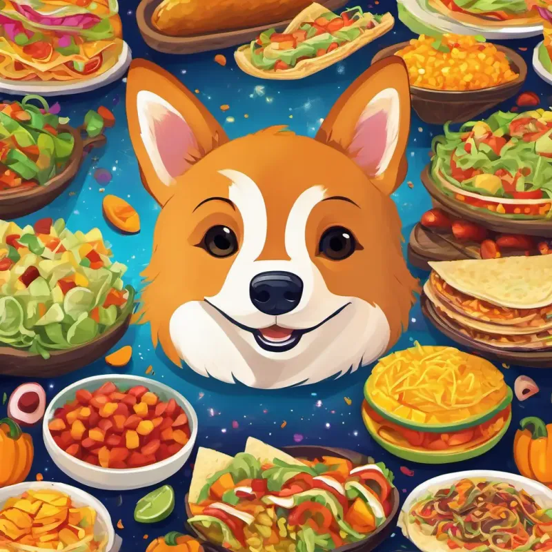 A young boy with brown hair and big blue eyes and A cute Corgi with golden fur and sparkling brown eyes sit at a table filled with a colorful array of foods from different countries. They enjoy spicy tacos with colorful toppings, sweet macarons with various flavors, and juicy mango slices. Their eyes widen with excitement and their taste buds dance with delight.