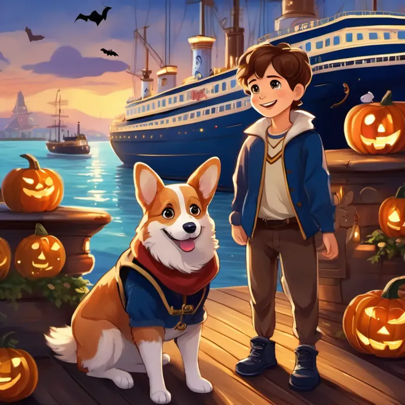 A young boy with brown hair and big blue eyes and A cute Corgi with golden fur and sparkling brown eyes stand at the ship's edge, waving goodbye to the ship with grateful smiles on their faces. Their hearts are full of joy, and their eyes sparkle with the memories of their amazing journey.