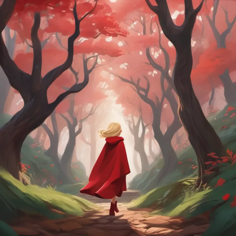 A young girl with blonde hair, bright eyes, wearing a red cloak, joyously skipping down a dark, whimsical forest path filled with crooked trees.
