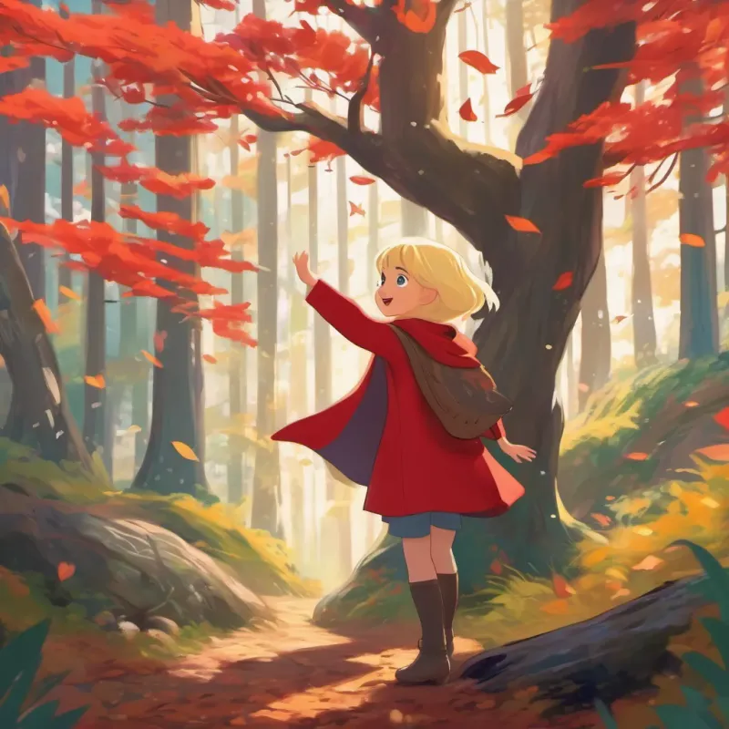 A forest with looming, crooked trees and whispering leaves animated with faces, A young girl with blonde hair, bright eyes, wearing a red cloak or jacket, embodying curiosity and bravery in the foreground waving happily.