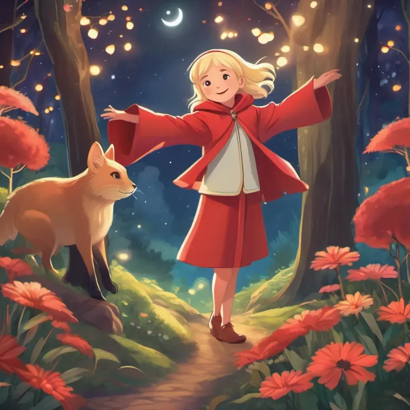 The enchanted forest under the night sky with A young girl with blonde hair, bright eyes, wearing a red cloak or jacket, embodying curiosity and bravery waving farewell to her new animal friends, all grinning.