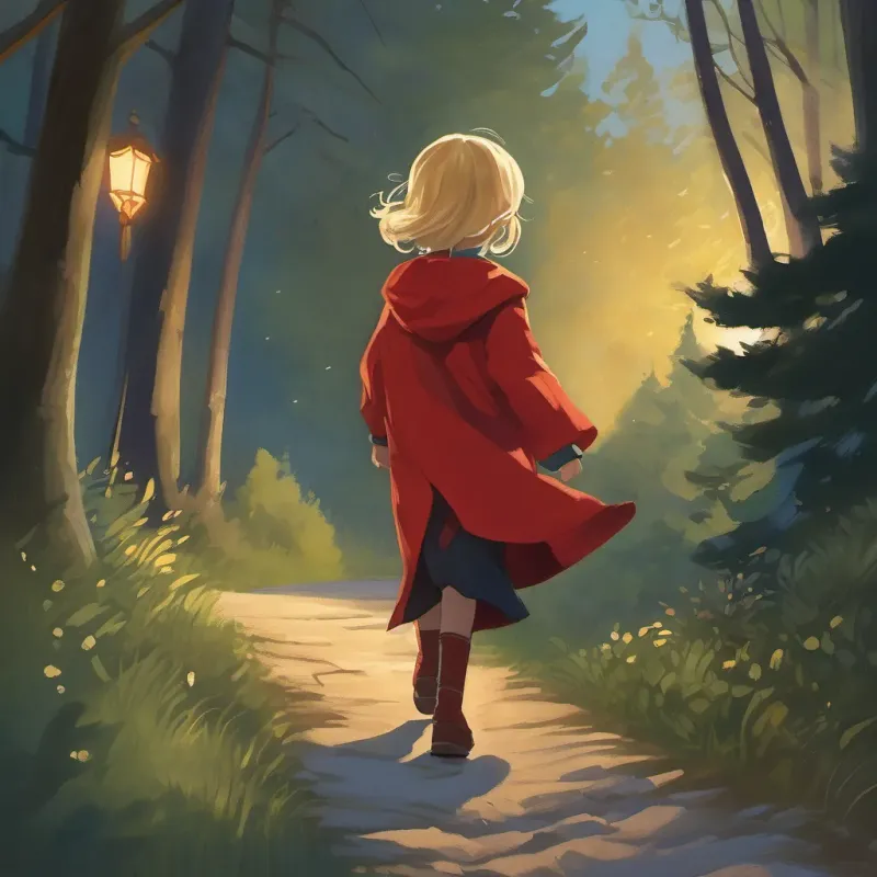 A young girl with blonde hair, bright eyes, wearing a red cloak or jacket, embodying curiosity and bravery skipping back along a moonlit path toward home, her face beaming with joy, the shadow of the forest behind her.