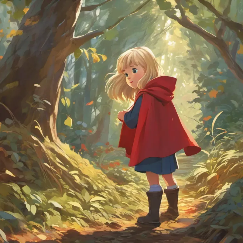 A young girl with blonde hair, bright eyes, wearing a red cloak or jacket, embodying curiosity and bravery peering into a thicket with eyes wide in playful curiosity, leaves rustling mysteriously with hidden critters.