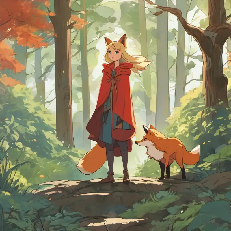 A small, grumpy-looking fox with vivid orange fur and a twitchy nose standing in front of A young girl with blonde hair, bright eyes, wearing a red cloak or jacket, embodying curiosity and bravery in a dense, shadowy part of the forest.