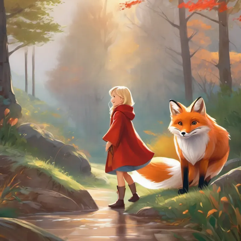 The fox wagging its tail happily with a friendly expression, A young girl with blonde hair, bright eyes, wearing a red cloak or jacket, embodying curiosity and bravery smiling brightly at the fox.