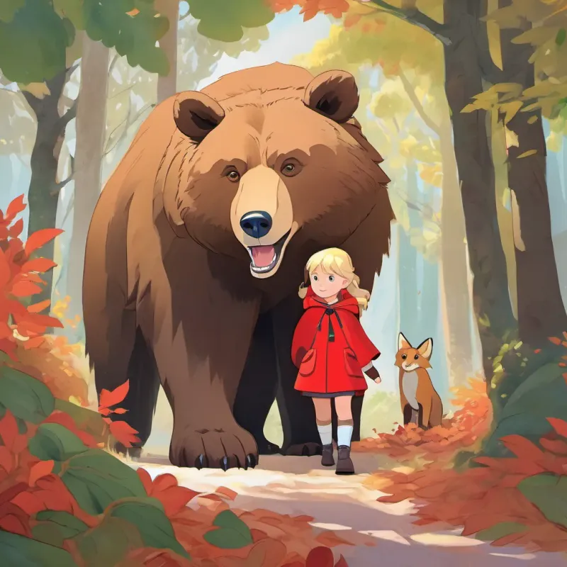 A large bear with a mock stern look, quickly softening, standing next to A young girl with blonde hair, bright eyes, wearing a red cloak or jacket, embodying curiosity and bravery and the fox under a canopy of leaves.